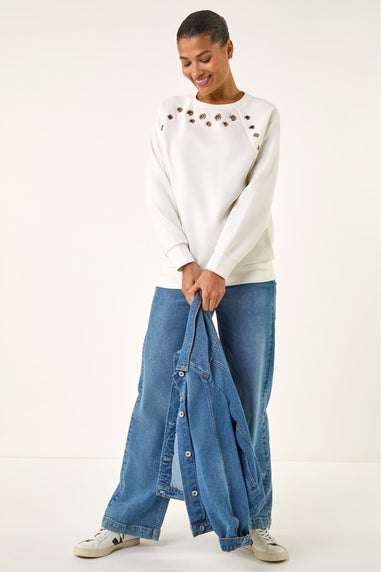 Roman Ivory Eyelet Detail Stretch Top