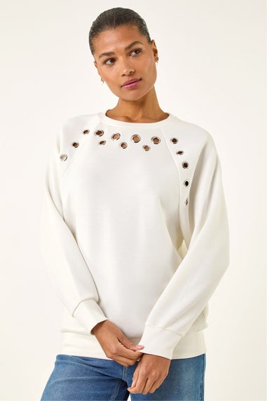 Roman Ivory Eyelet Detail Stretch Top