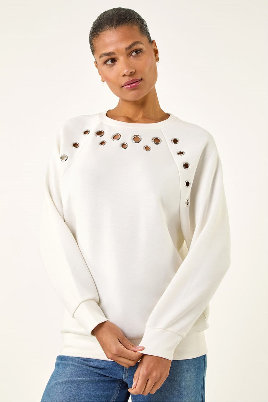 Roman Ivory Eyelet Detail Stretch Top