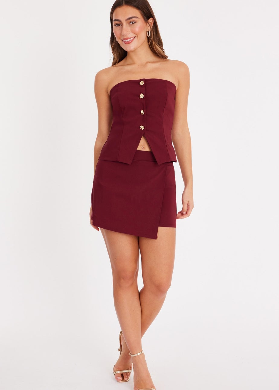 Quiz Burgundy Button Embellished Wrap Skort