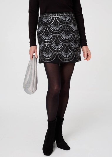 Izabel London Black Sequin Embellished Layered Mini Skirt