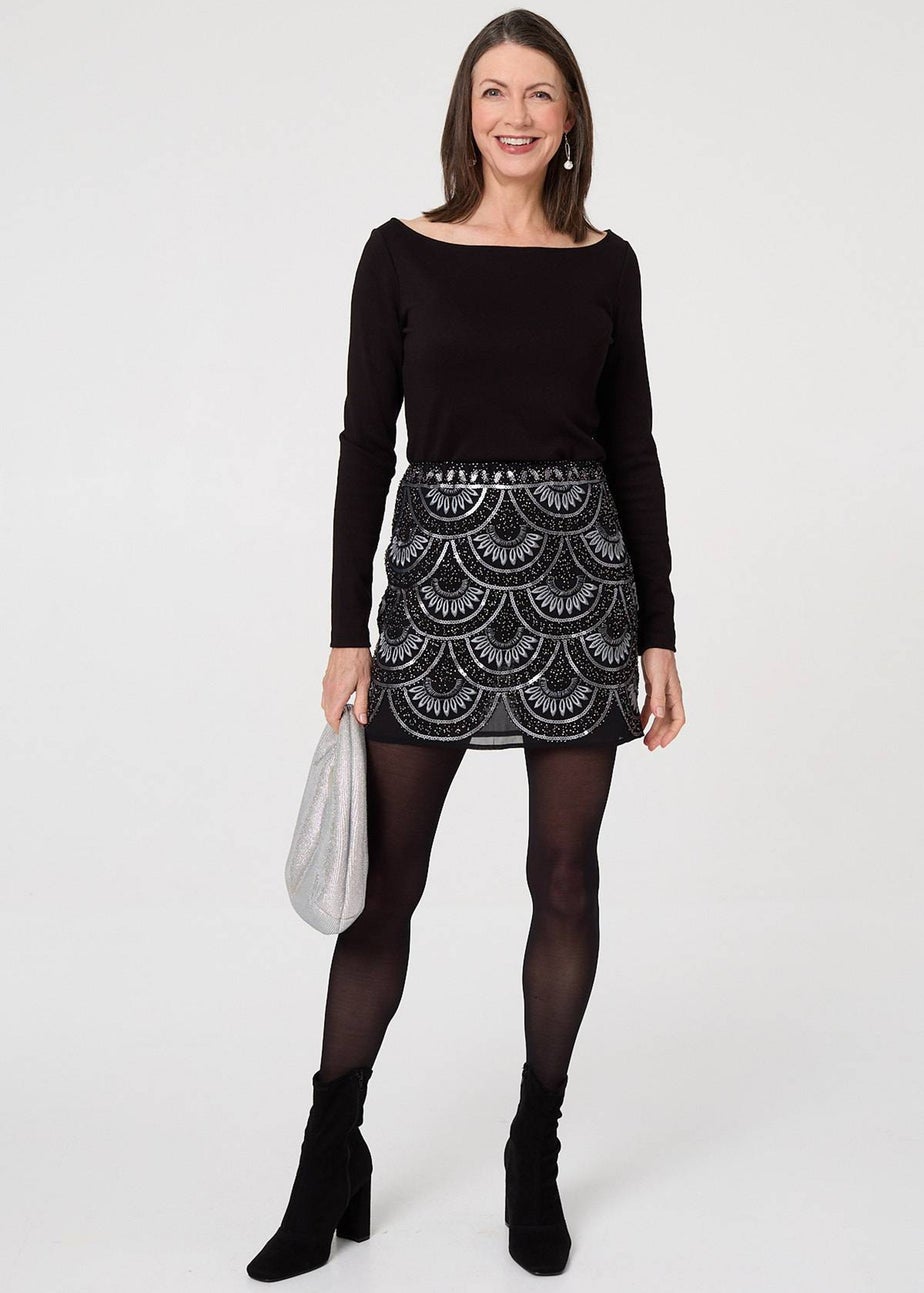 Izabel London Black Sequin Embellished Layered Mini Skirt