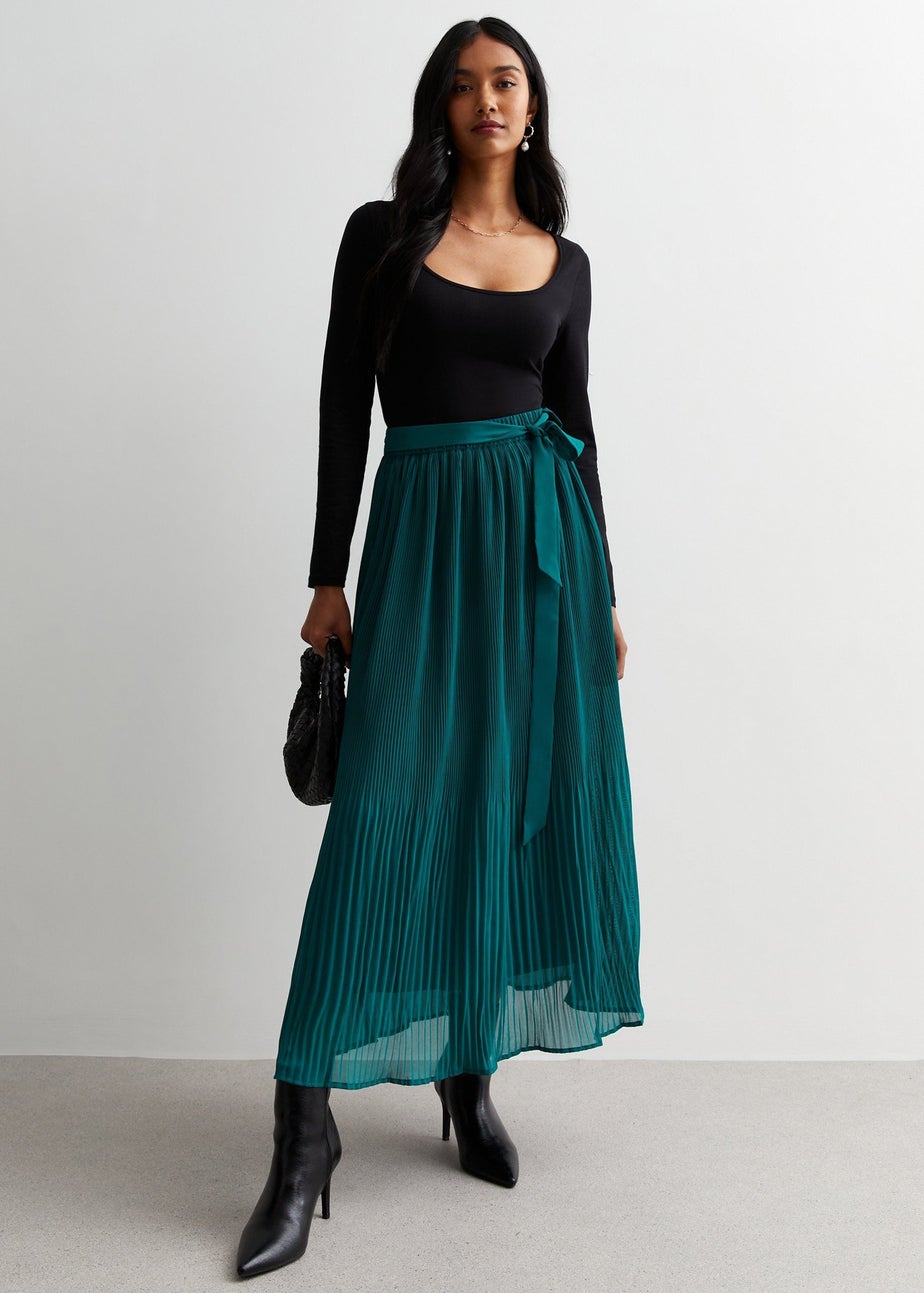 Gini London Green Pleated Belt Detail Midi Skirt