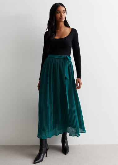 Gini London Green Pleated Belt Detail Midi Skirt