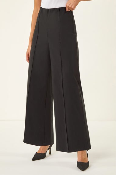 Roman Black Petite Pintuck Wide Leg Stretch Trouser