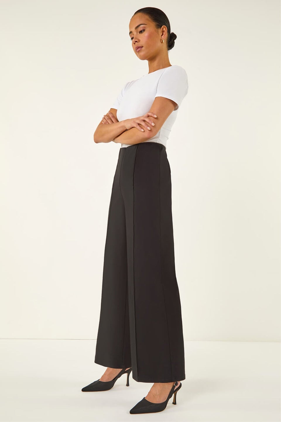 Roman Black Petite Pintuck Wide Leg Stretch Trouser