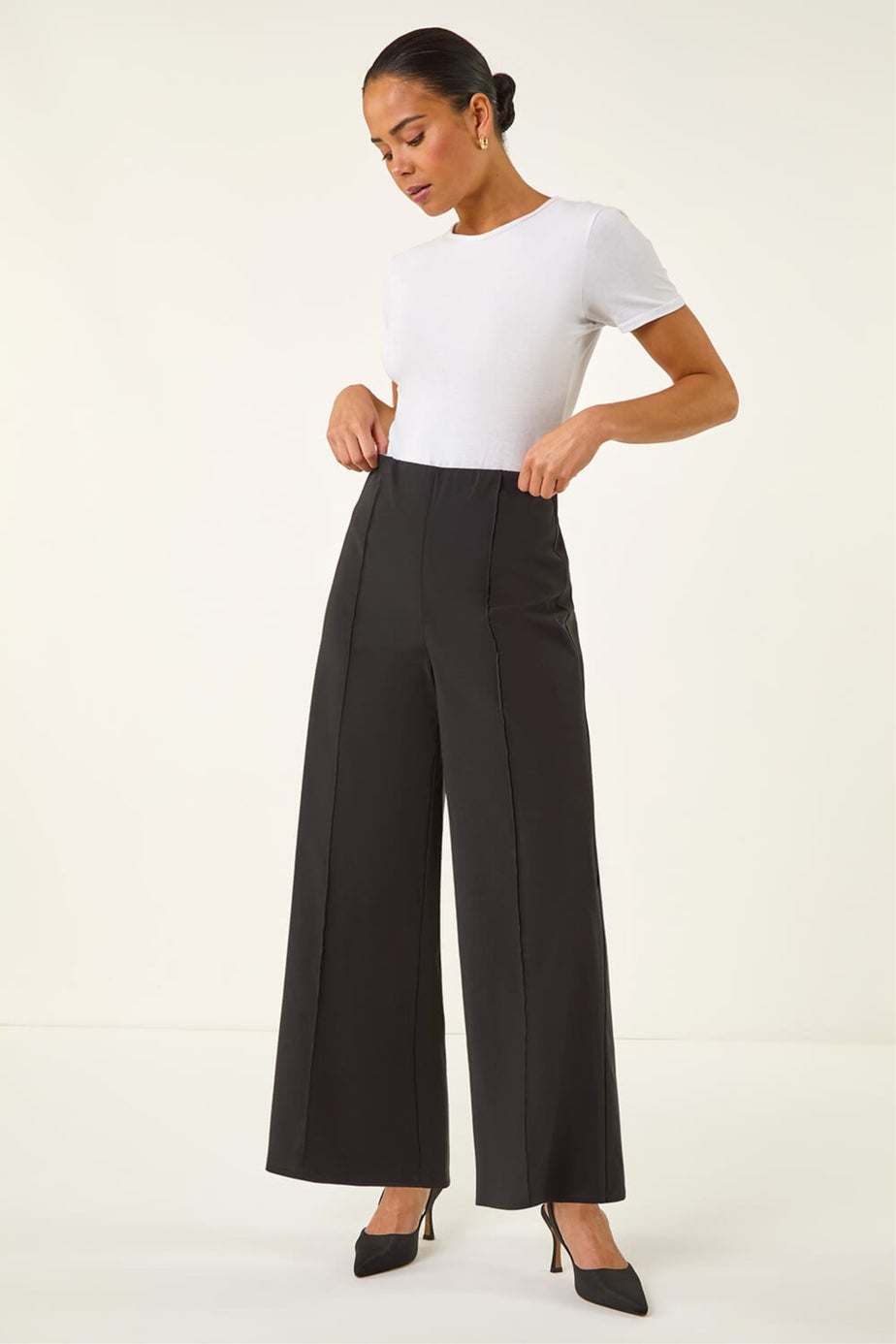 Roman Black Petite Pintuck Wide Leg Stretch Trouser
