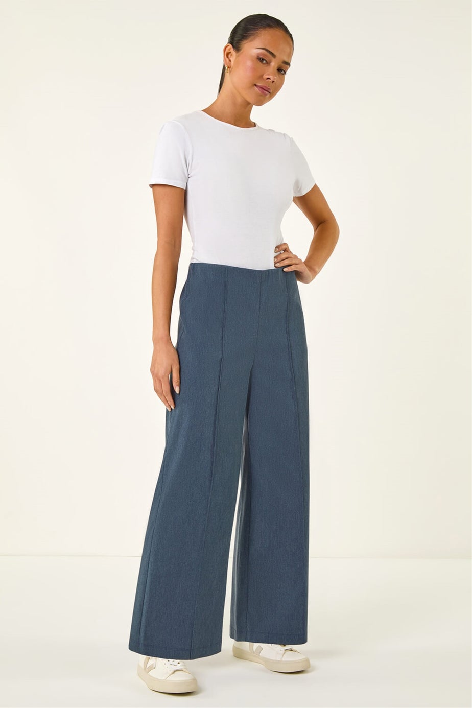 Roman Denim Petite Pintuck Wide Leg Stretch Trouser