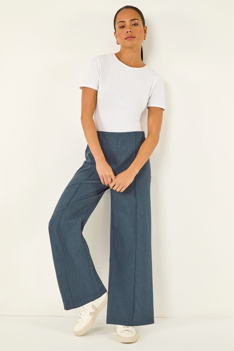 Roman Denim Petite Pintuck Wide Leg Stretch Trouser
