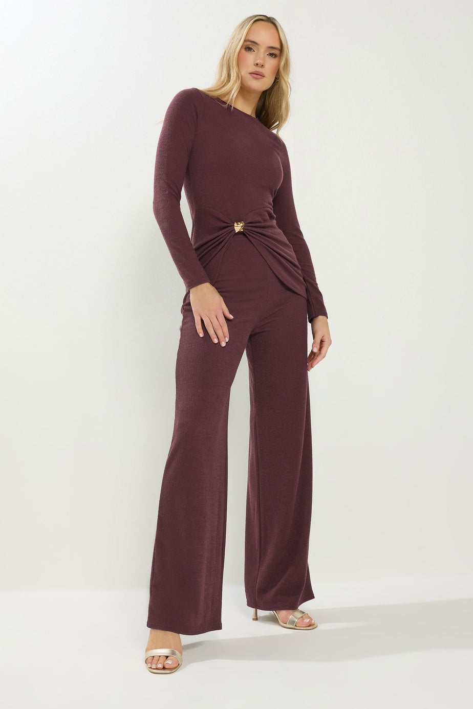 Long Tall Sally Berry Red Textured Wide Leg Trousers