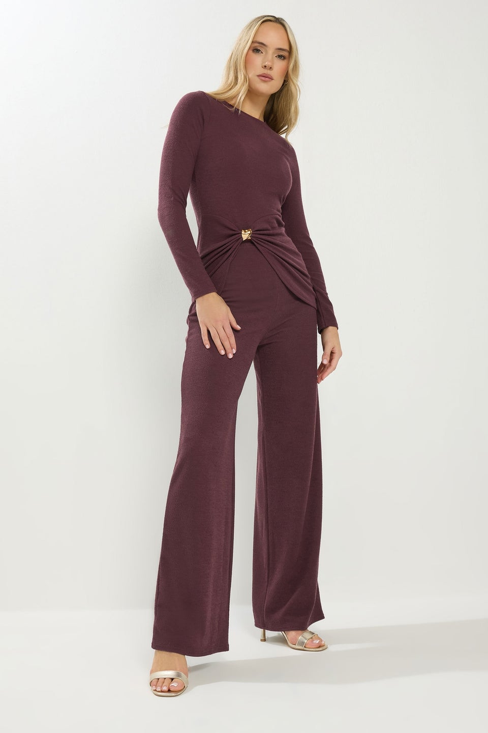 Long Tall Sally Berry Red Textured Wide Leg Trousers