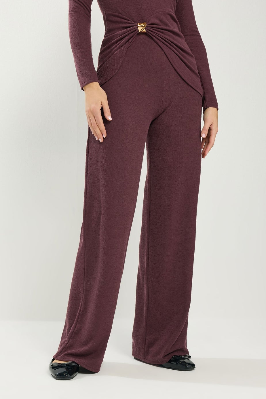 Long Tall Sally Berry Red Textured Wide Leg Trousers