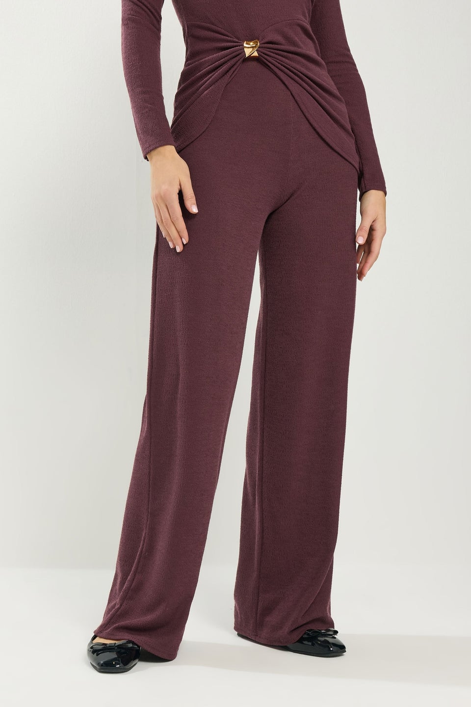 Long Tall Sally Berry Red Textured Wide Leg Trousers