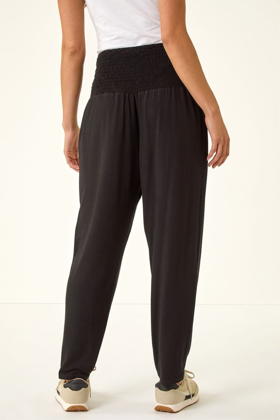 Roman Black Petite Shirred Straight Leg Stretch Trouser
