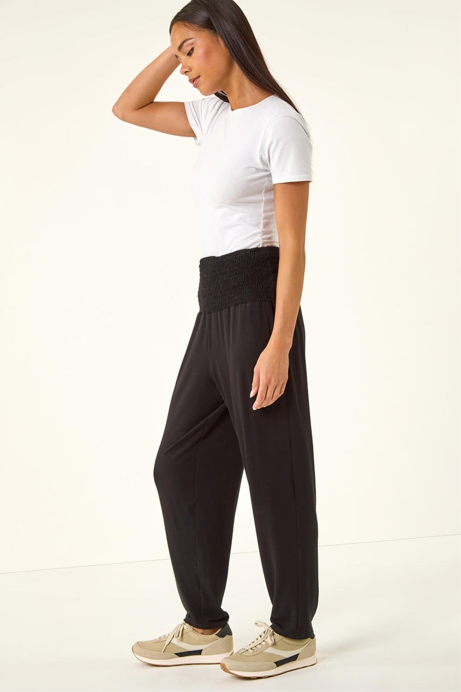 Roman Black Petite Shirred Straight Leg Stretch Trouser