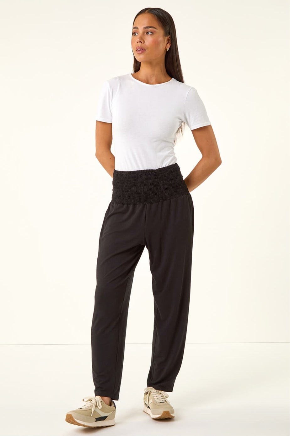 Roman Black Petite Shirred Straight Leg Stretch Trouser