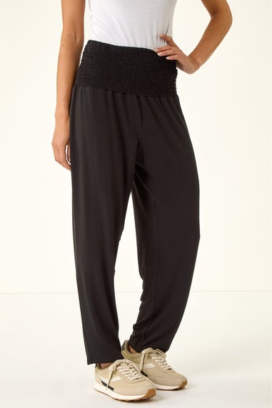 Roman Black Petite Shirred Straight Leg Stretch Trouser