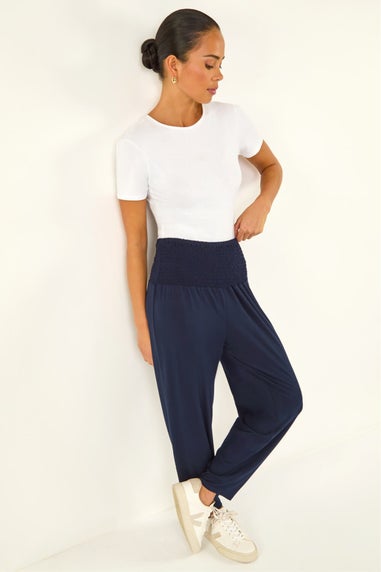 Roman Navy Petite Shirred Straight Leg Stretch Trouser