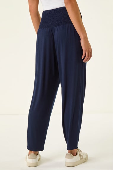 Roman Navy Petite Shirred Straight Leg Stretch Trouser