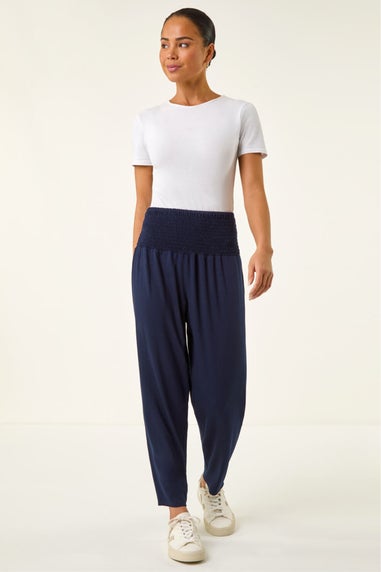 Roman Navy Petite Shirred Straight Leg Stretch Trouser