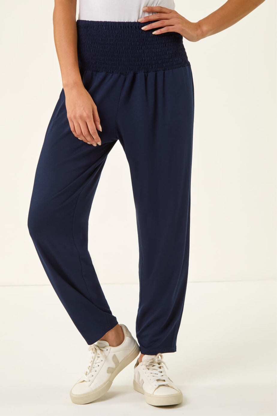 Roman Navy Petite Shirred Straight Leg Stretch Trouser