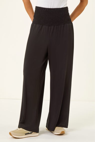 Roman Black Petite Shirred Wide Leg Stretch Trouser