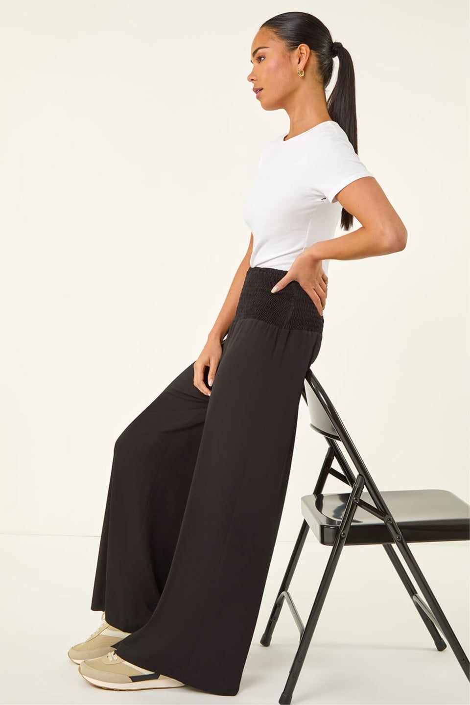 Roman Black Petite Shirred Wide Leg Stretch Trouser
