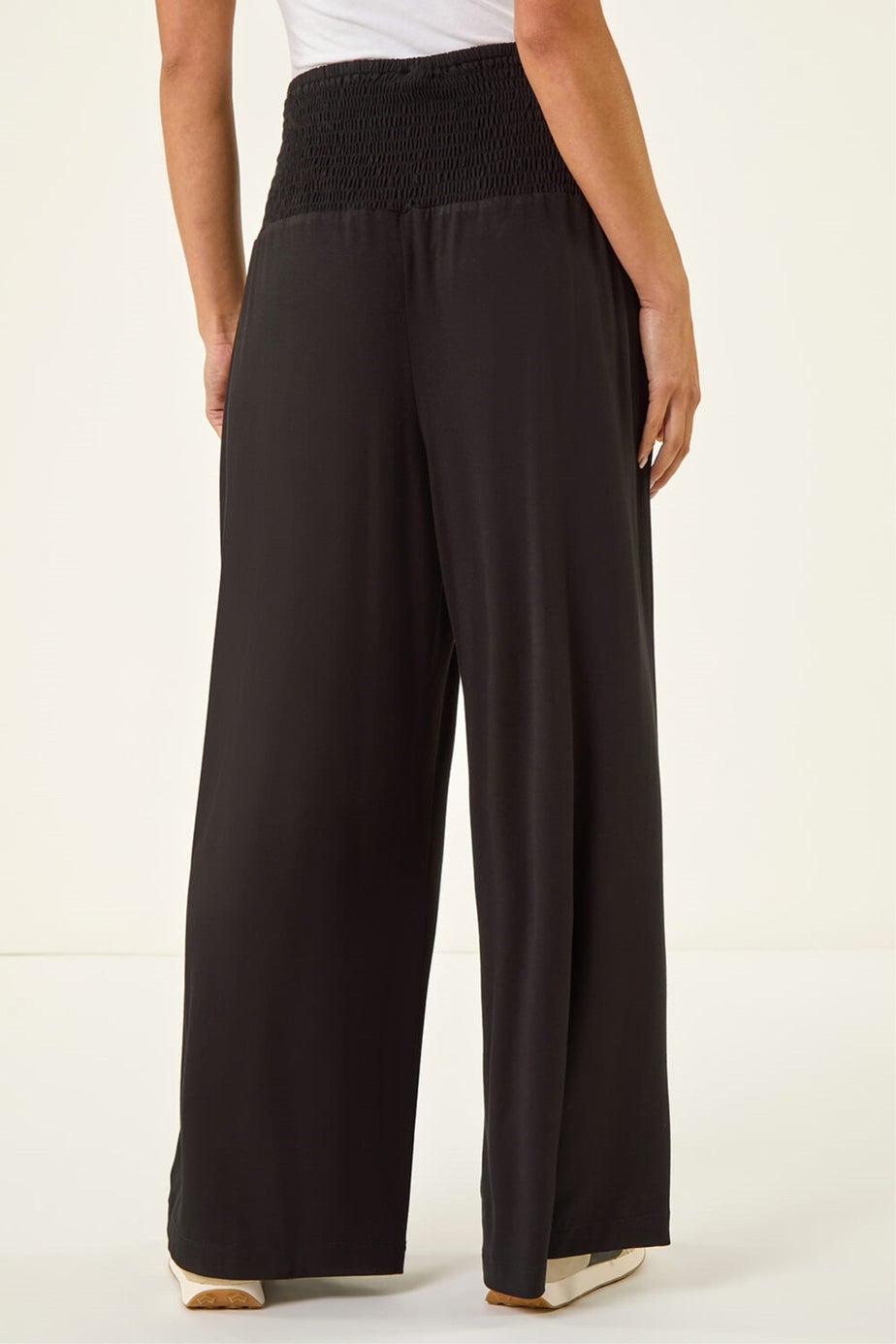 Roman Black Petite Shirred Wide Leg Stretch Trouser