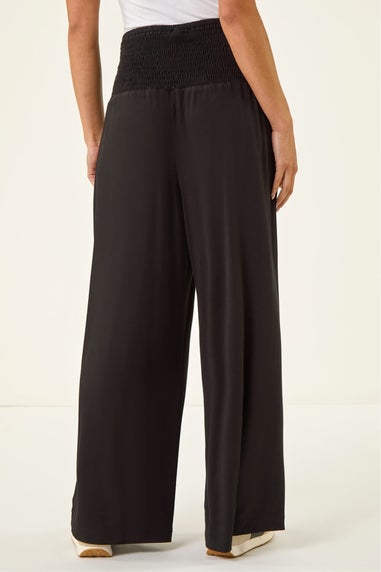 Roman Black Petite Shirred Wide Leg Stretch Trouser