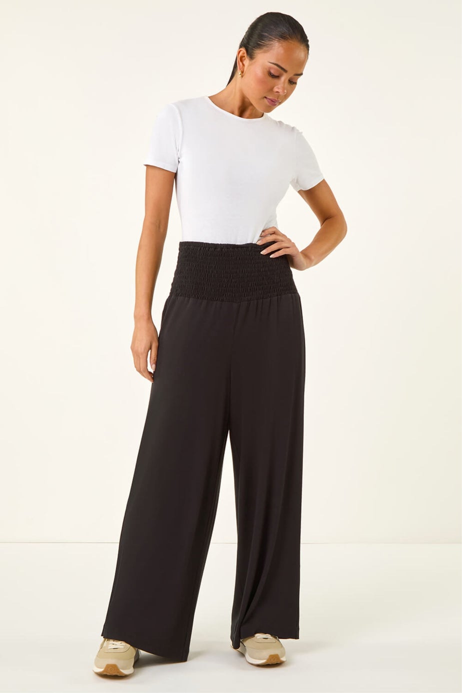 Roman Black Petite Shirred Wide Leg Stretch Trouser