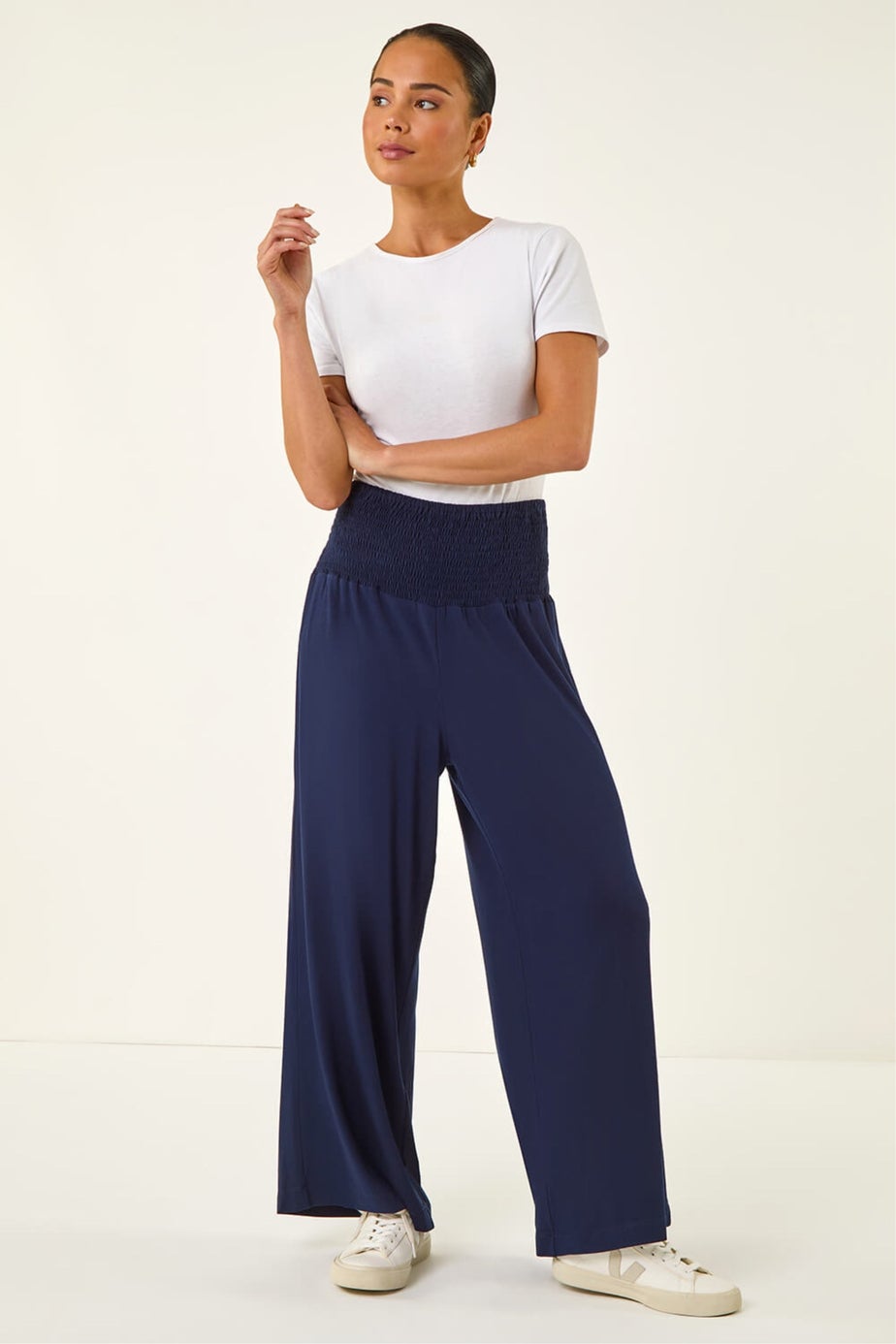 Roman Navy Petite Shirred Wide Leg Stretch Trouser