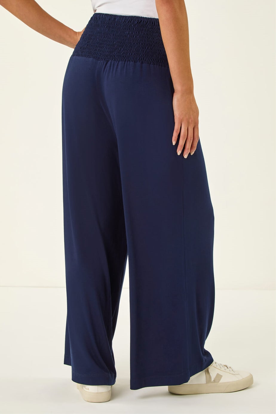 Roman Navy Petite Shirred Wide Leg Stretch Trouser
