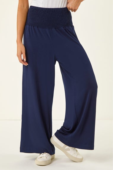 Roman Navy Petite Shirred Wide Leg Stretch Trouser