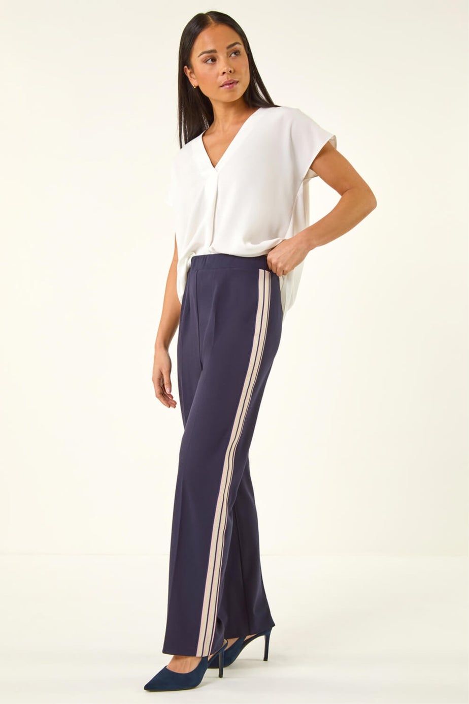 Roman Navy Petite Side Stripe Ponte Trouser
