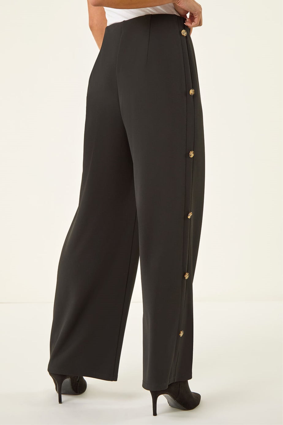 Roman Black Petite Button Detail Stretch Trouser