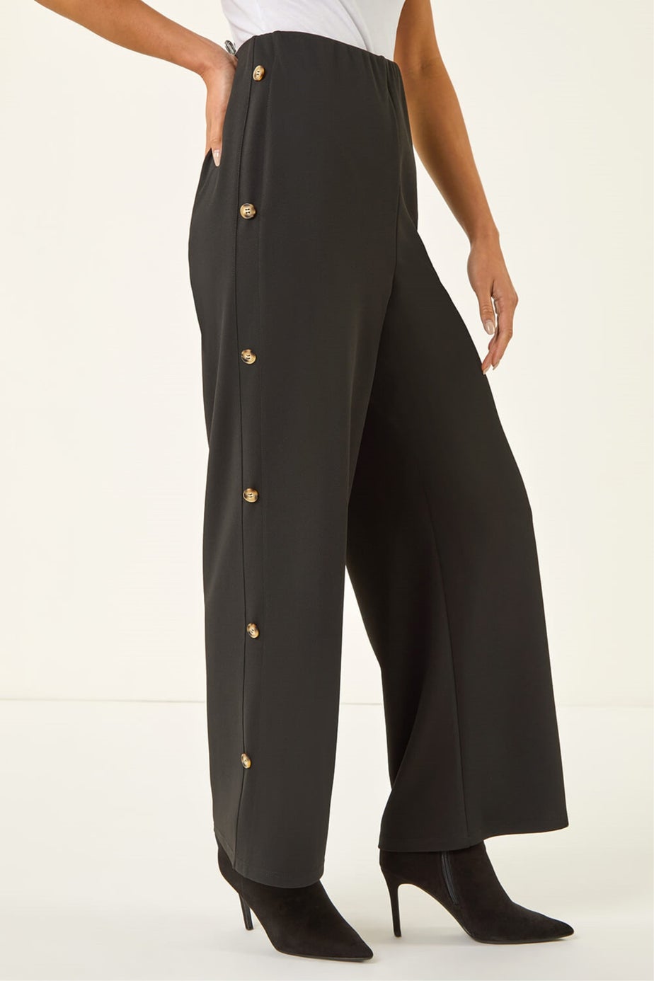 Roman Black Petite Button Detail Stretch Trouser