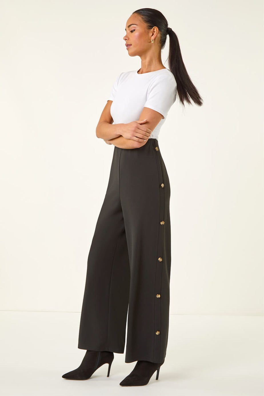 Roman Black Petite Button Detail Stretch Trouser