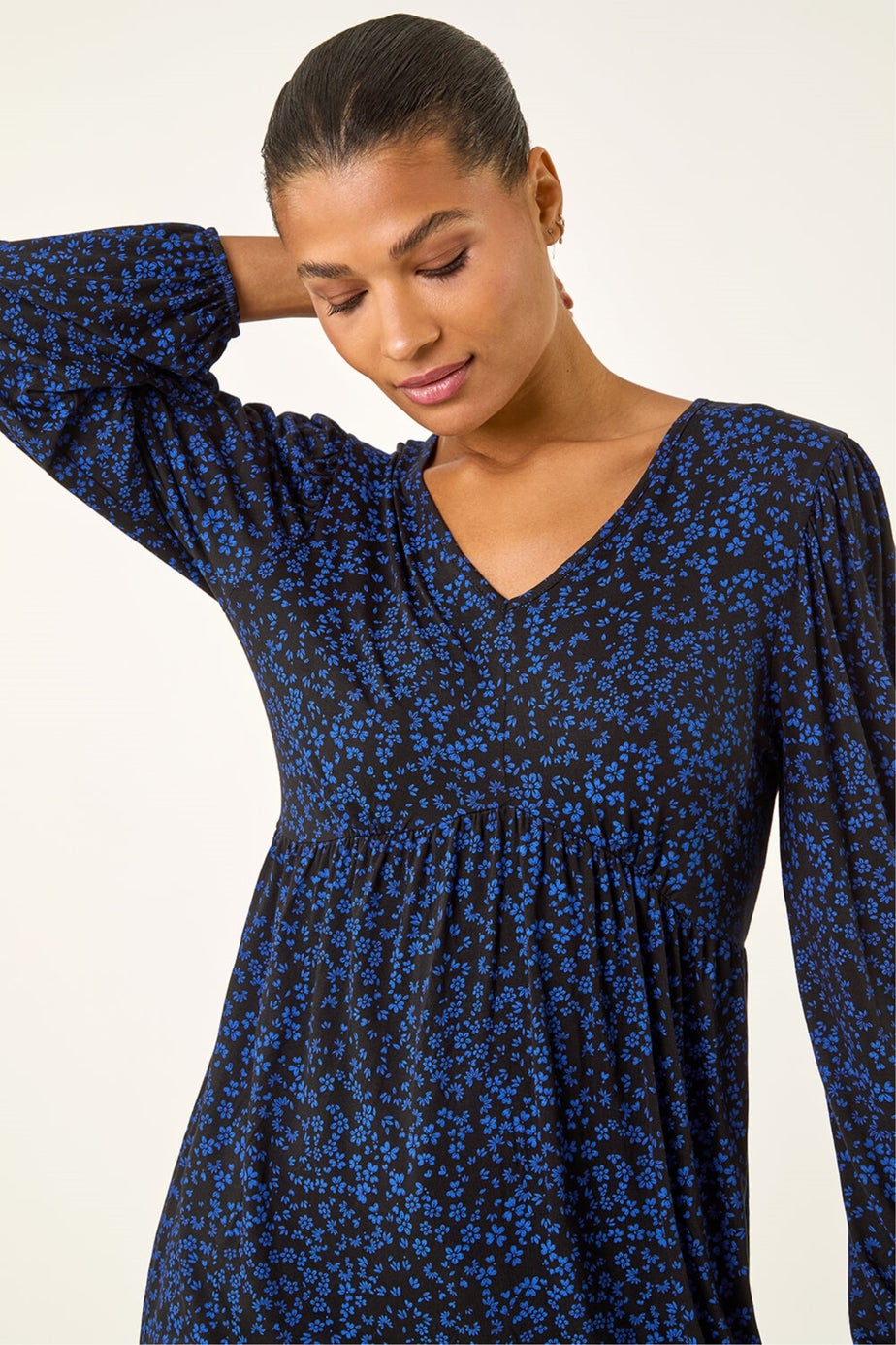Roman Navy Abstract Print V-Neck Tunic Top