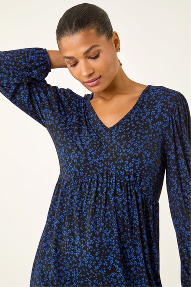 Roman Navy Abstract Print V-Neck Tunic Top