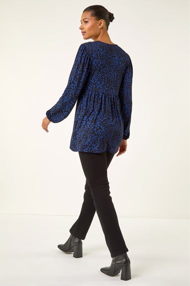 Roman Navy Abstract Print V-Neck Tunic Top