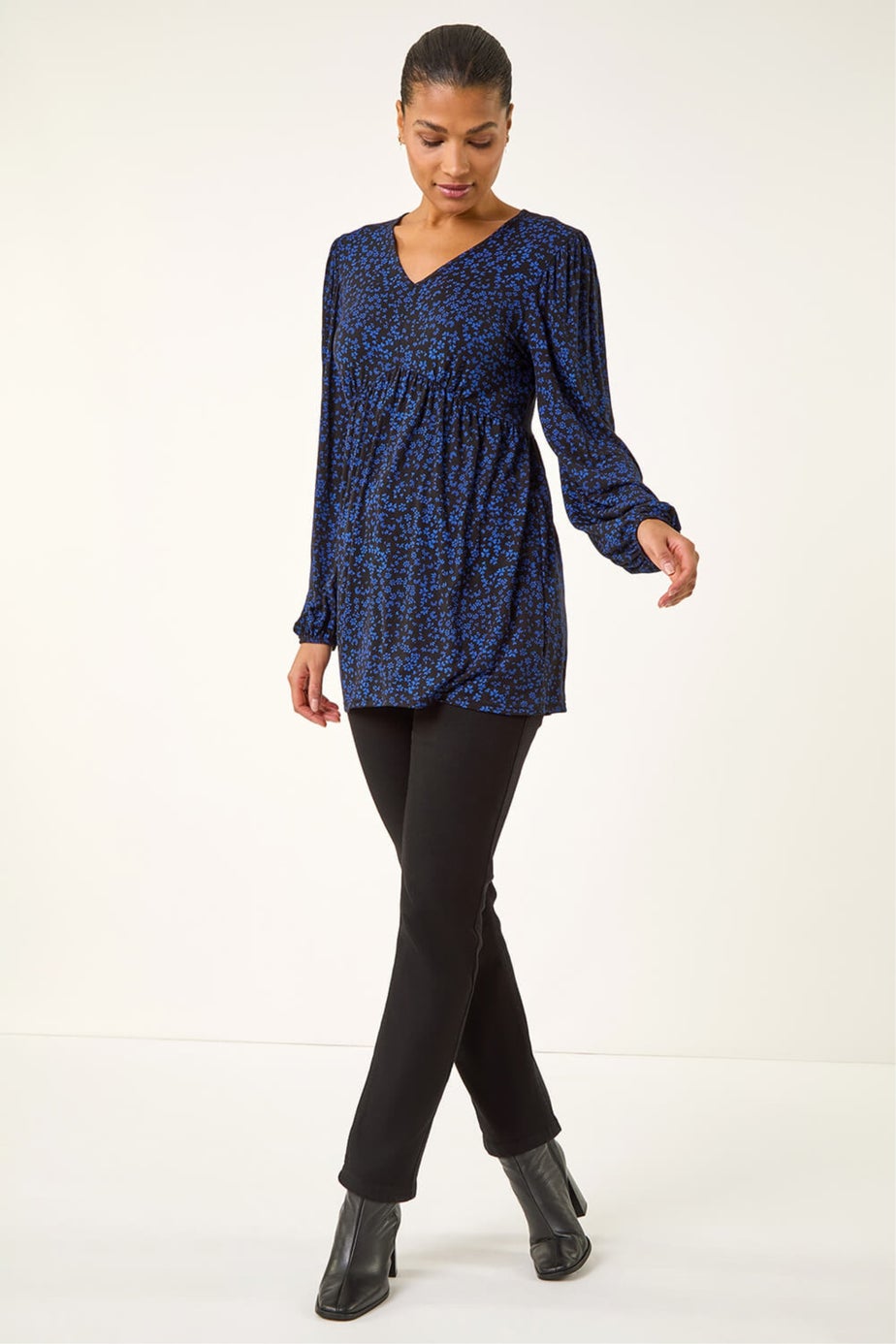 Roman Navy Abstract Print V-Neck Tunic Top