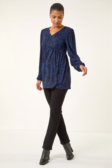 Roman Navy Abstract Print V-Neck Tunic Top
