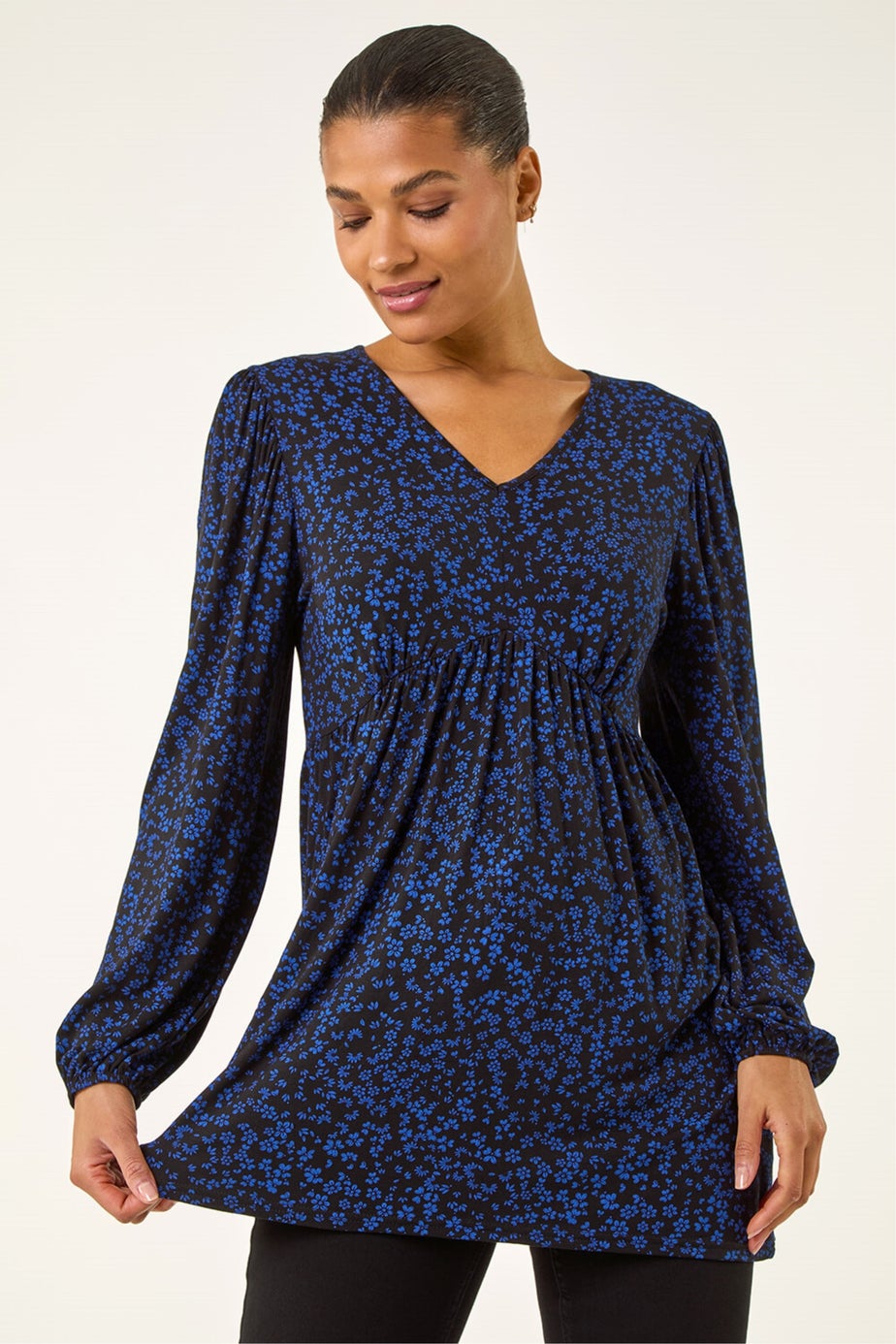 Roman Navy Abstract Print V-Neck Tunic Top