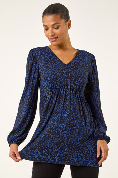 Roman Navy Abstract Print V-Neck Tunic Top