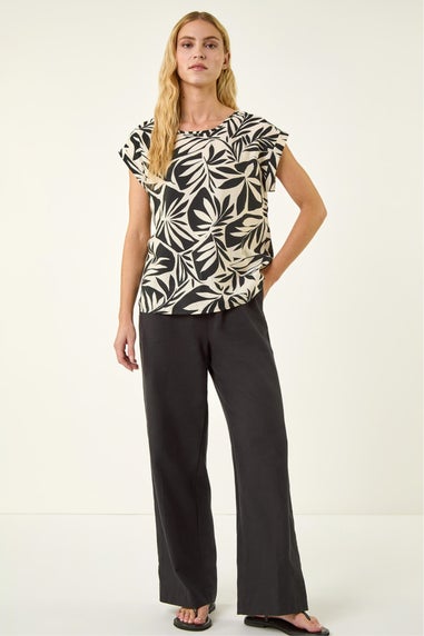 Roman Black Leaf Print Shell Top