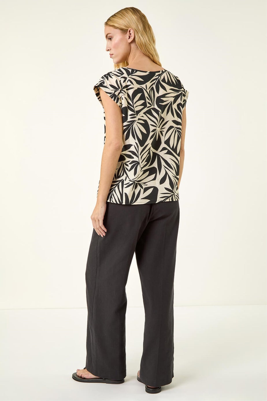 Roman Black Leaf Print Shell Top