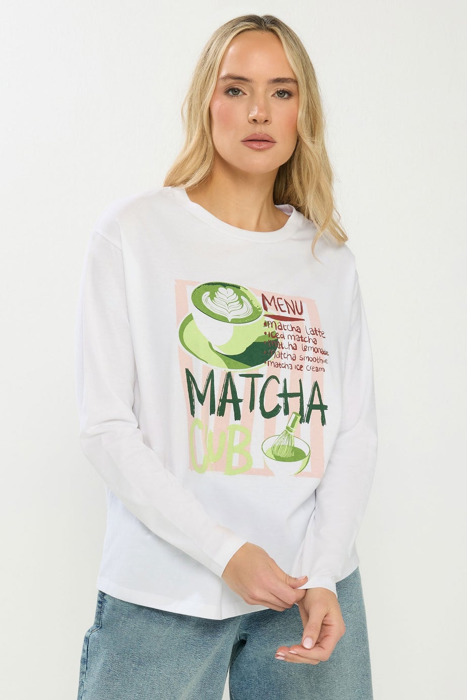 Long Tall Sally White 'Matcha Club' Slogan Long Sleeve T-Shirt