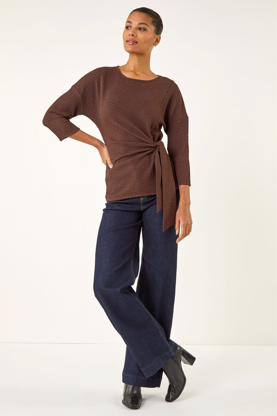 Roman Chocolate Textured Asymmetric Wrap Top