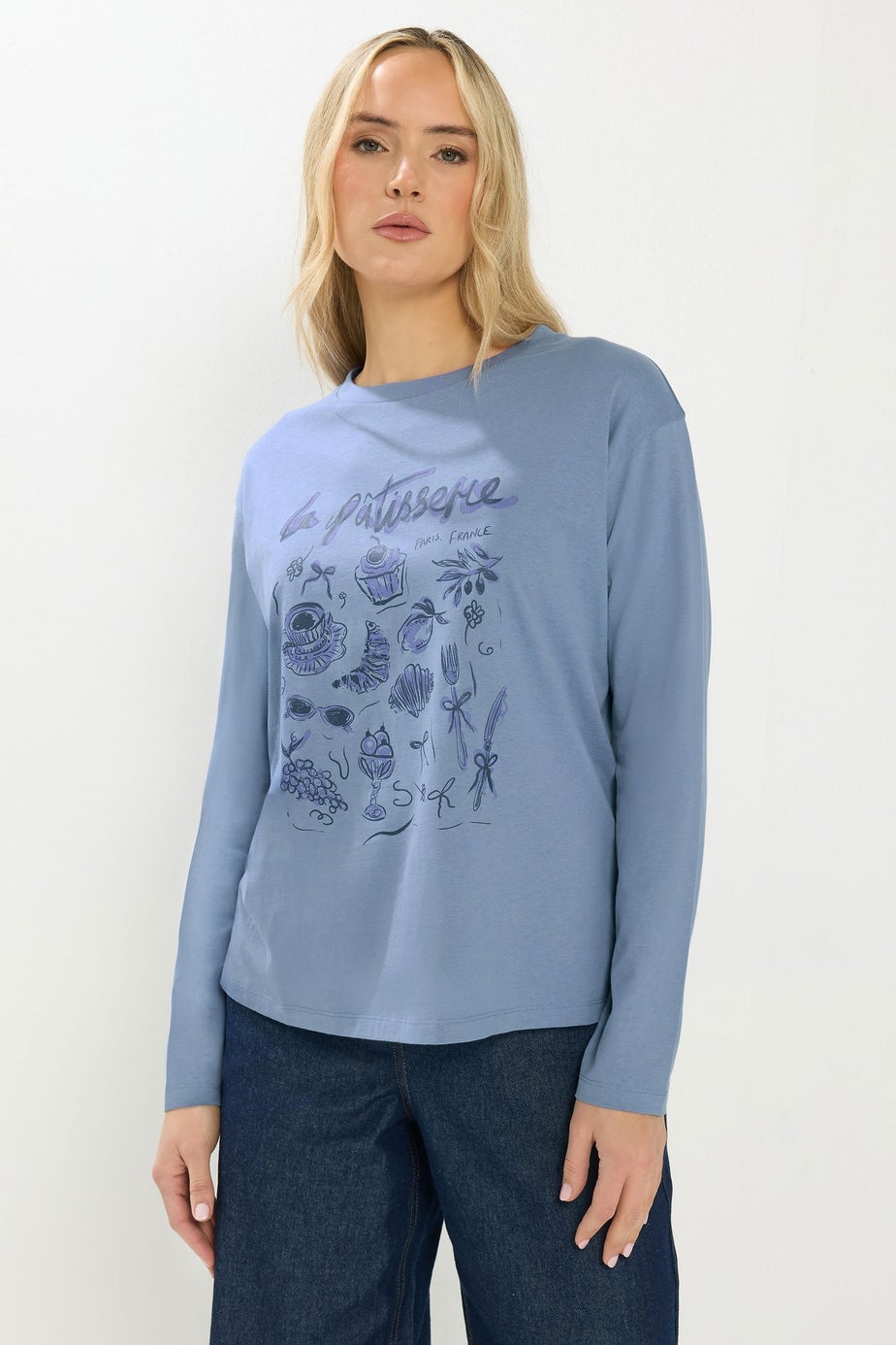 Long Tall Sally Blue 'La Patisserie' Slogan Long Sleeve T-Shirt