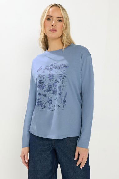 Long Tall Sally Blue 'La Patisserie' Slogan Long Sleeve T-Shirt